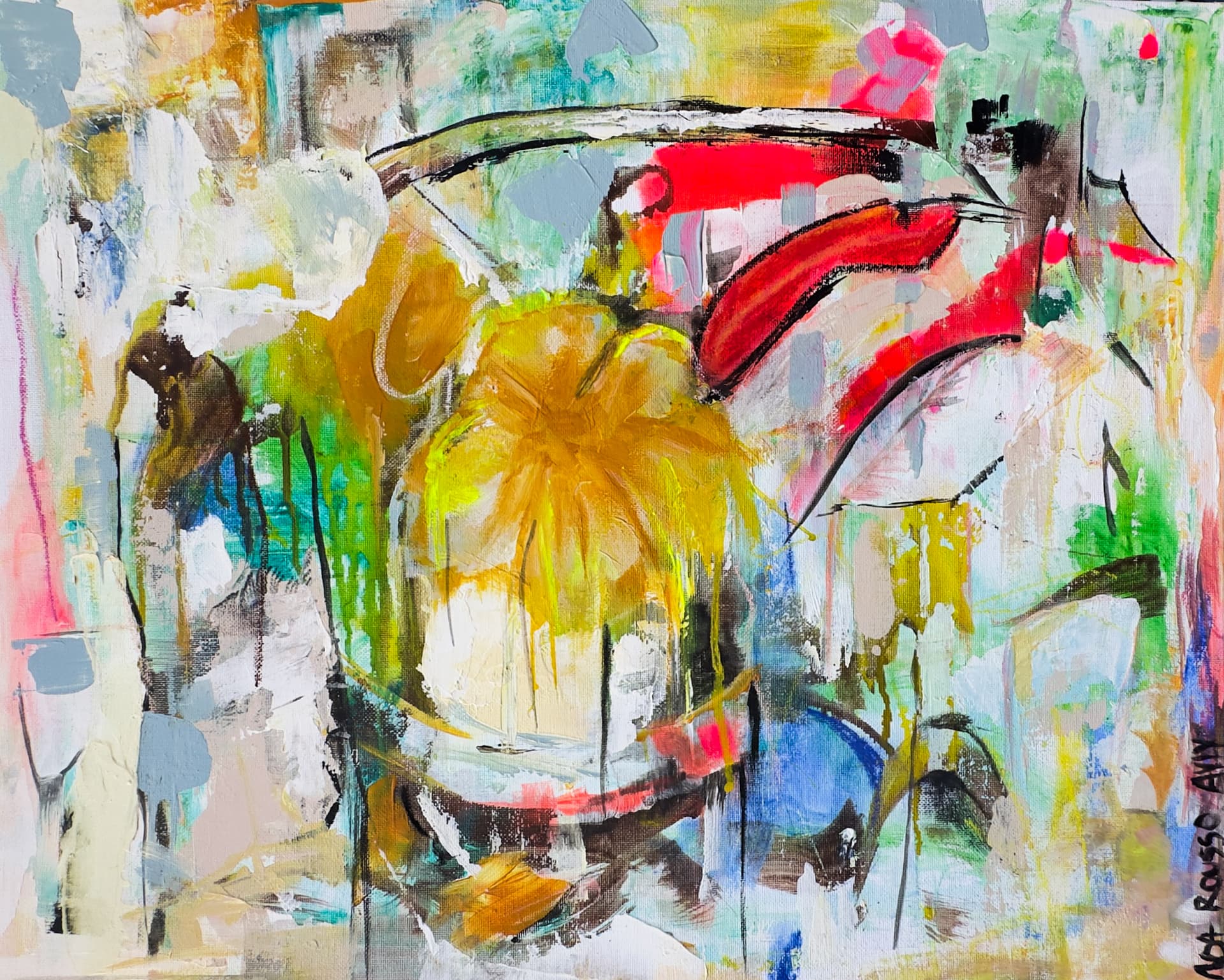 Electric Bloom Drift, acrylics and pastels on canvas board, 50 × 30 cm, abstract painting by Noa Rousso Aviv