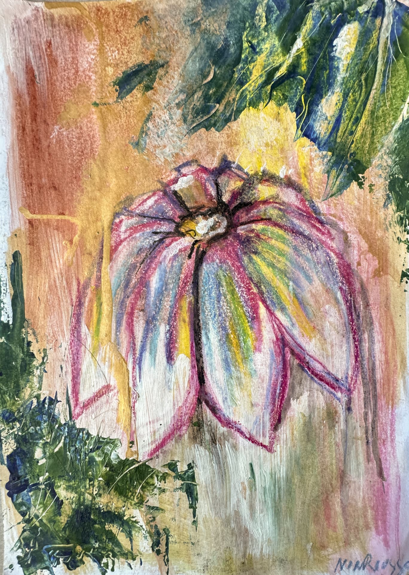 The Floral Collection - Lotus in Bloom, mixed media, 40 × 50 cm, abstract painting by Noa Rousso Aviv