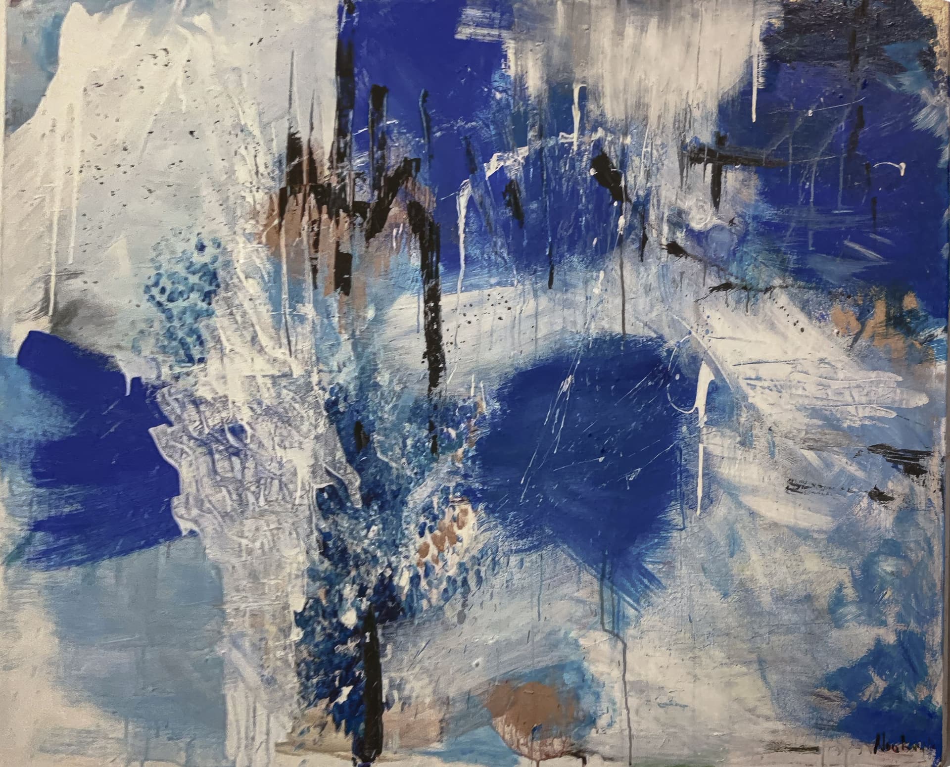 Blue Stones, blue and white abstract painting with layered textures by Noa Rousso Aviv