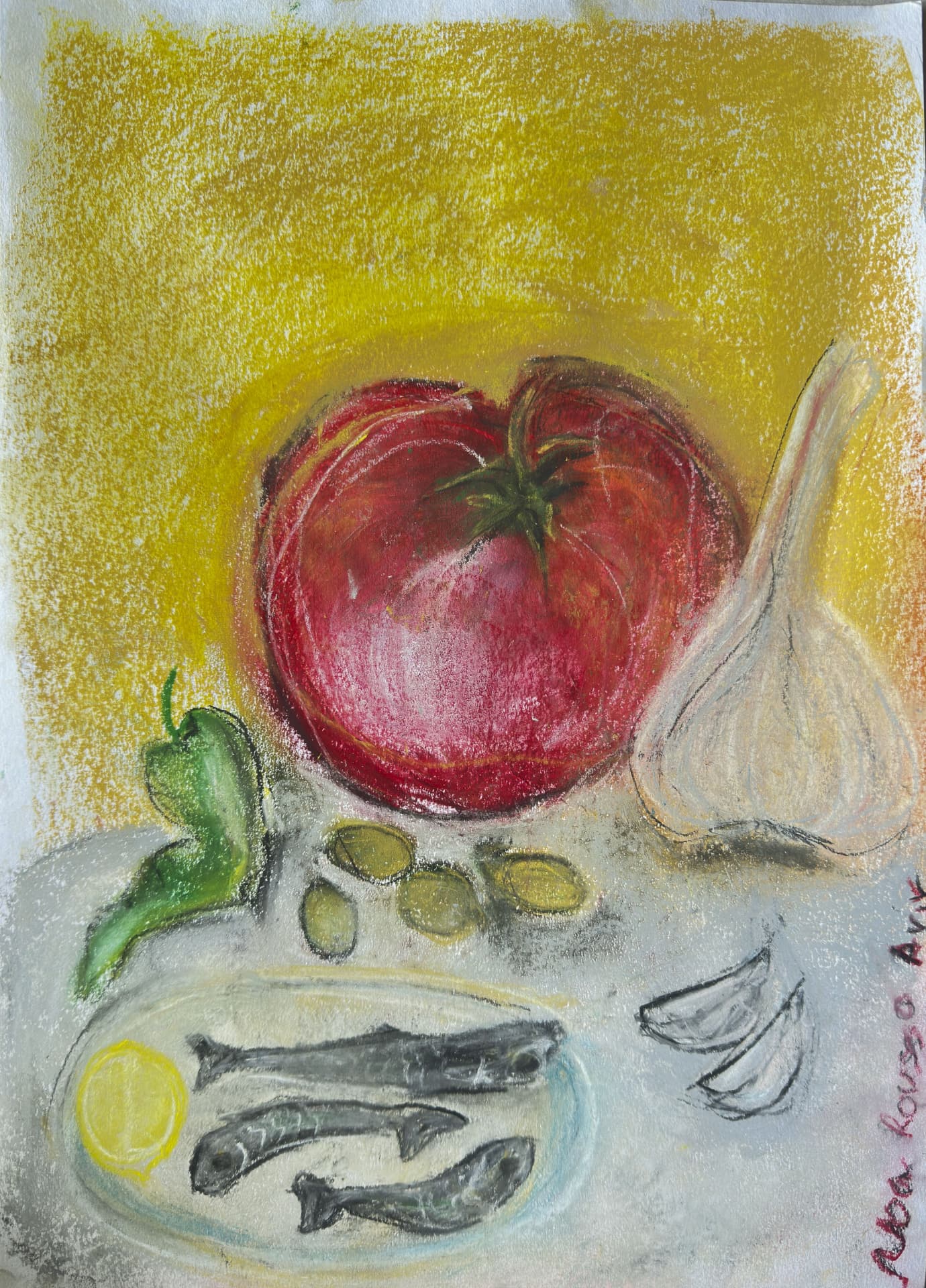 Mediterranean Table Study, pastel on paper, 30 × 42 cm, abstract painting by Noa Rousso Aviv