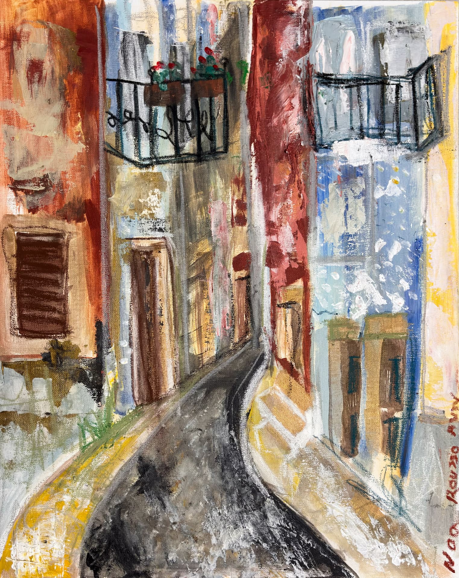Narrow Street in Lisbon, mixed media on canvas board, 30 × 50 cm, abstract painting by Noa Rousso Aviv